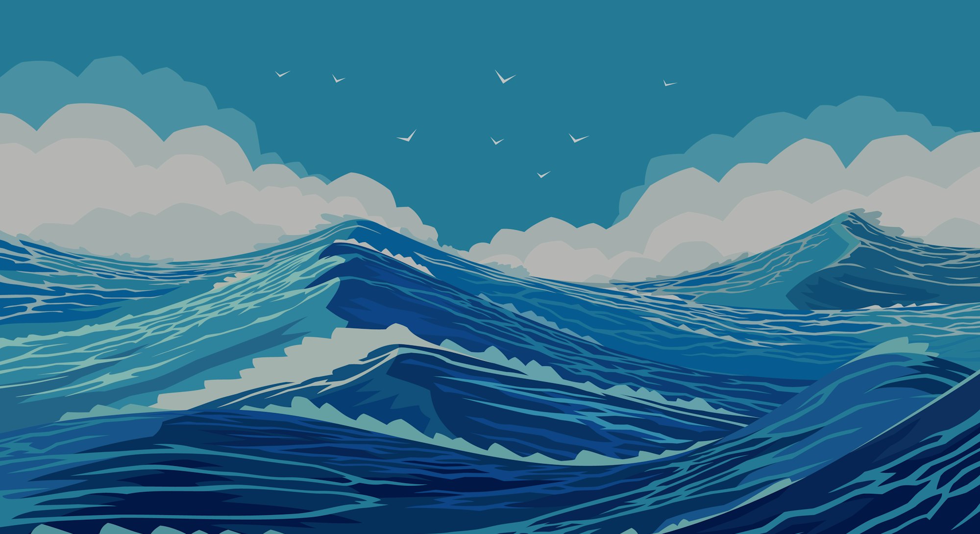 Harsh ocean with large sea waves. Drawing of ocean spaces. Wavy and beautiful sea. The Pacific Ocean...
