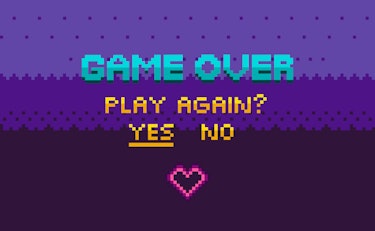 Game over and question of play again, yes or no choosing link, finish level page in purple color, pi...