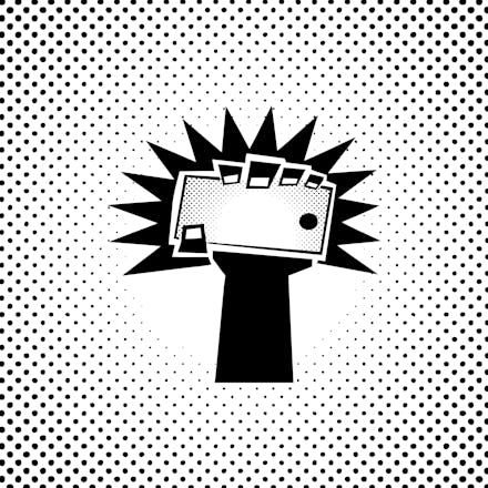 Vector symbol of a highlighted raised fist holding a smartphone for the concept: Social media revolu...
