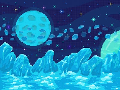 Space planet in pixel art. Background of space planet. Ice landscape with mountains, planet and star...