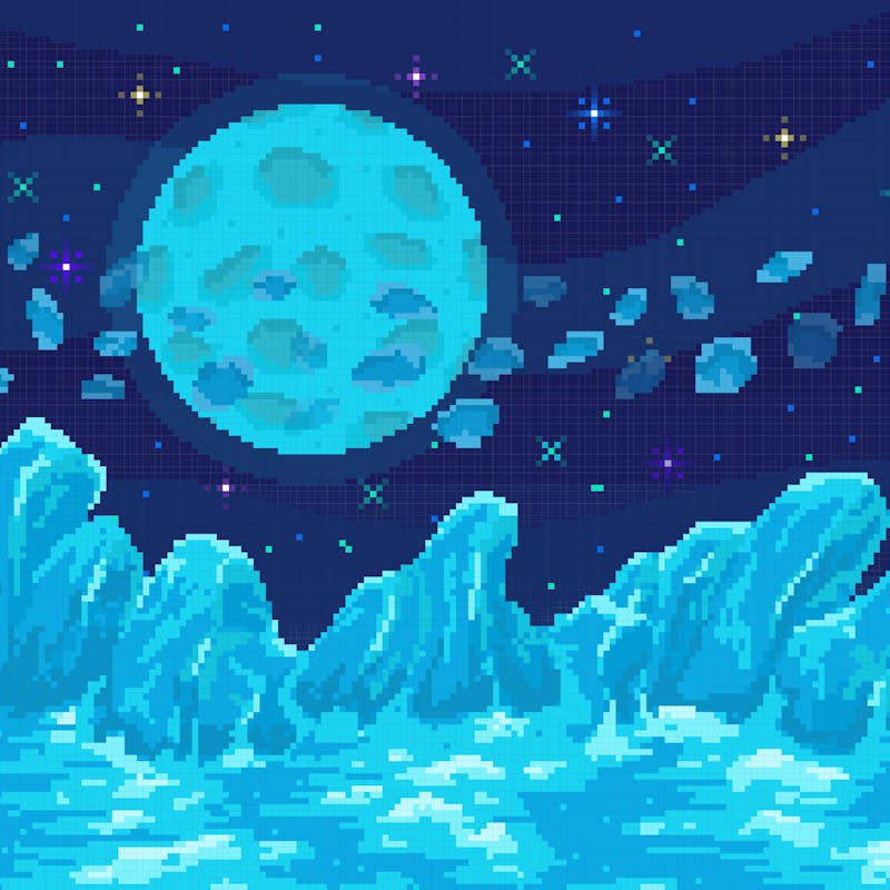 Space planet in pixel art. Background of space planet. Ice landscape with mountains, planet and star...