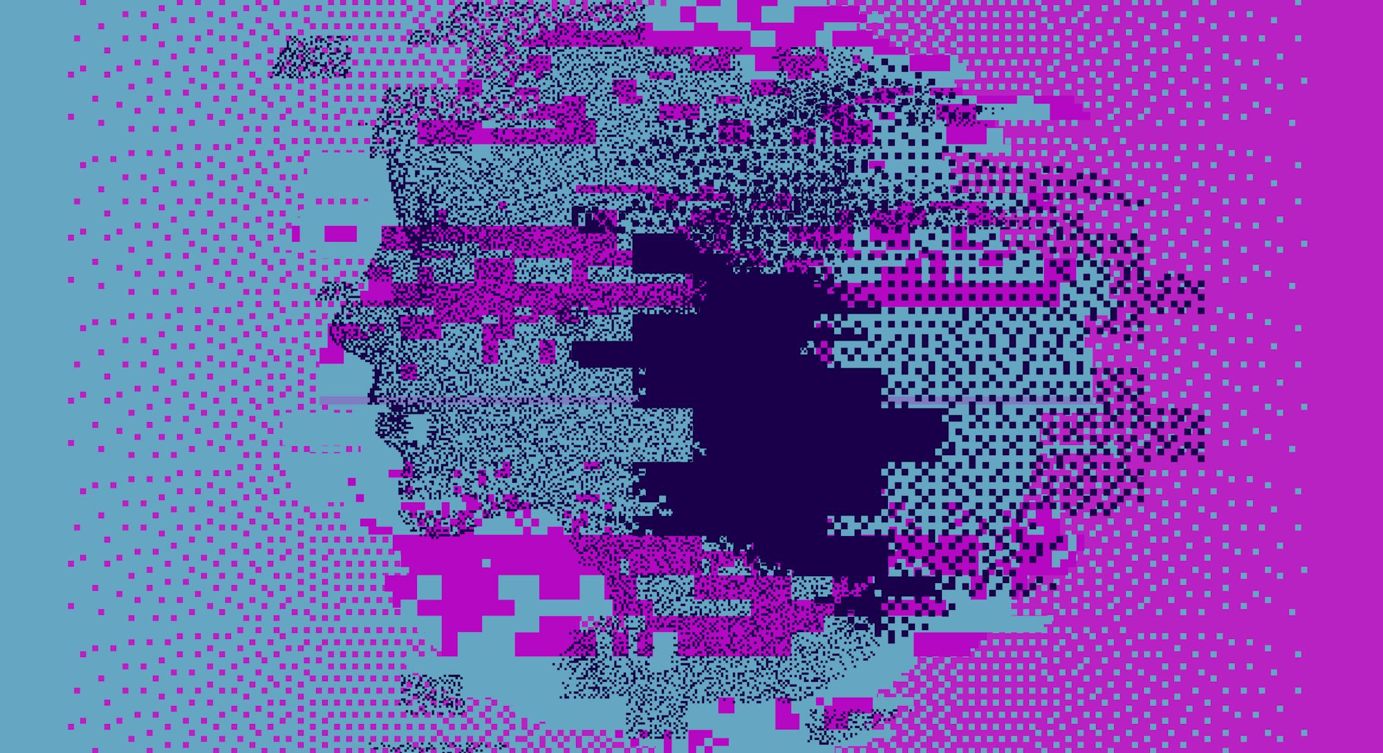 Human head made of particles. Futuristic cyberpunk style vector illustration, concept of malware and...