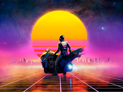 Cyberpunk biker on a futuristic motorbike on a retrowave landscape in the sunset - concept art - 3D ...