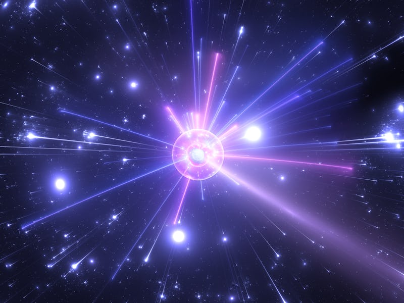 Fragmentation in high-energy collisions between atomic and subatomic particles. 3d illustration