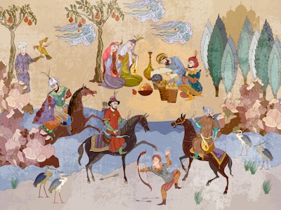 Medieval miniature. Mughal art. Persian frescoes. Travel of heroes. Ancient civilization murals. Ott...
