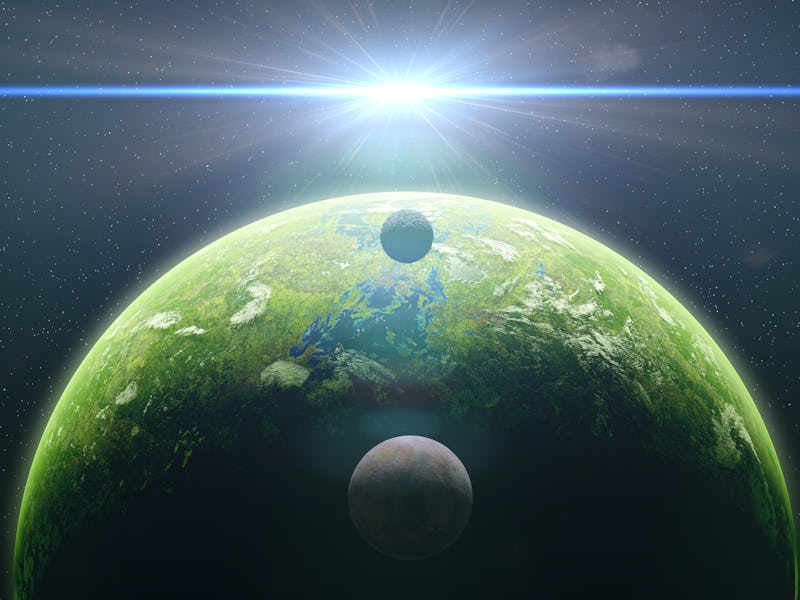 sunrise over alien world, exoplanet around a bright star, life on exotic planet (3d space render ban...