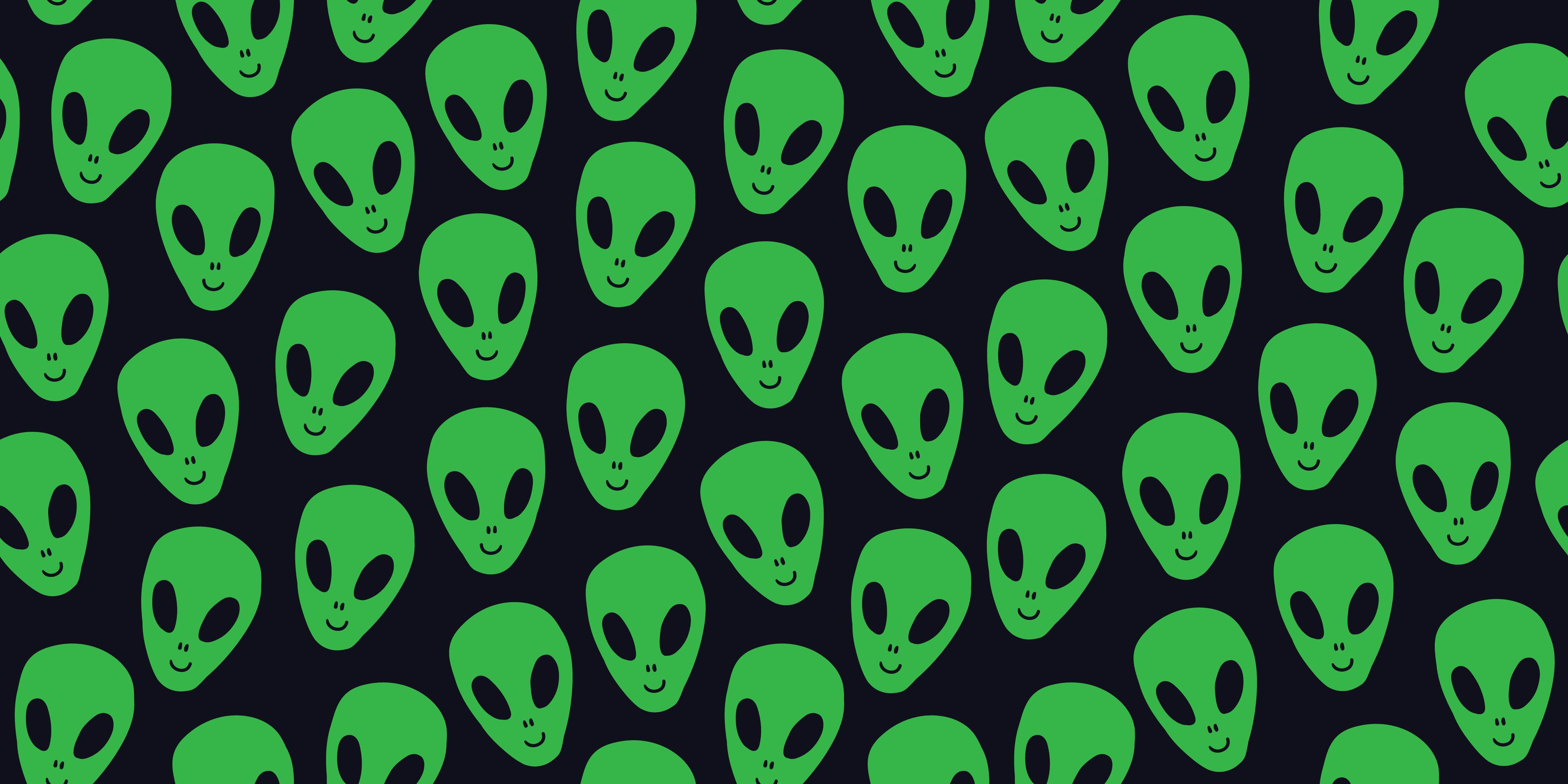 Childish seamless pattern with aliens faces ufo. Sci-fi pattern on dark background. Hand drawn doodl...