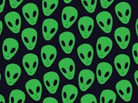 Childish seamless pattern with aliens faces ufo. Sci-fi pattern on dark background. Hand drawn doodl...