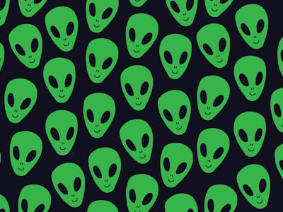 Childish seamless pattern with aliens faces ufo. Sci-fi pattern on dark background. Hand drawn doodl...