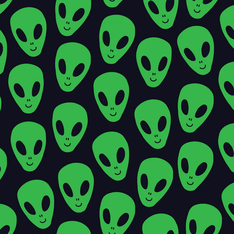 Childish seamless pattern with aliens faces ufo. Sci-fi pattern on dark background. Hand drawn doodl...