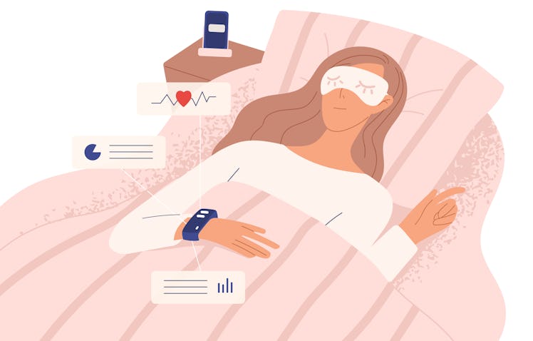 Woman in night mask lying on bed in sleeping tracker vector flat illustration. Relaxed female in mod...