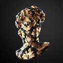 Abstract illustration from 3D rendering of classical head sculpture with golden leaf brocade pattern...