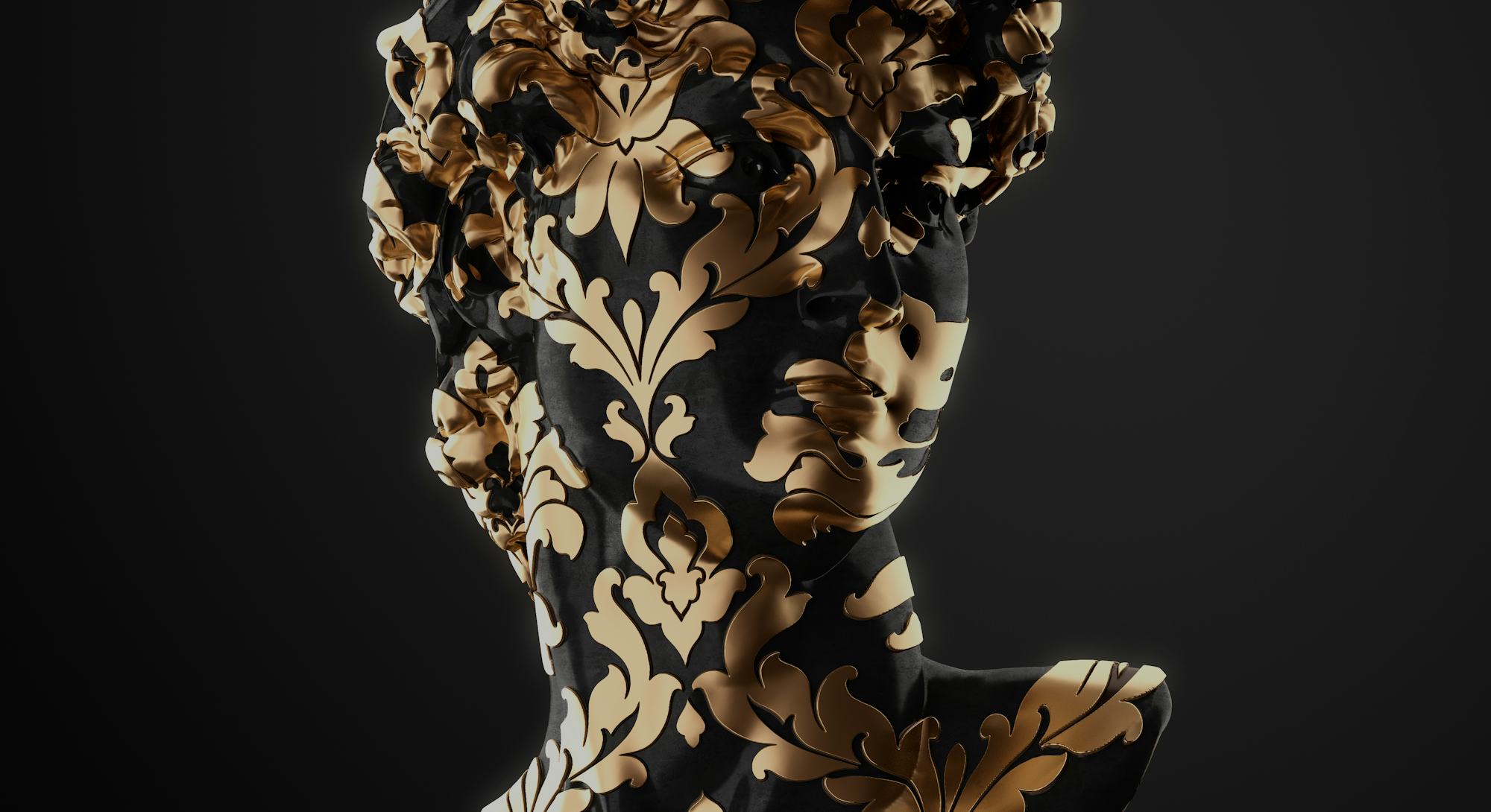 Abstract illustration from 3D rendering of classical head sculpture with golden leaf brocade pattern...