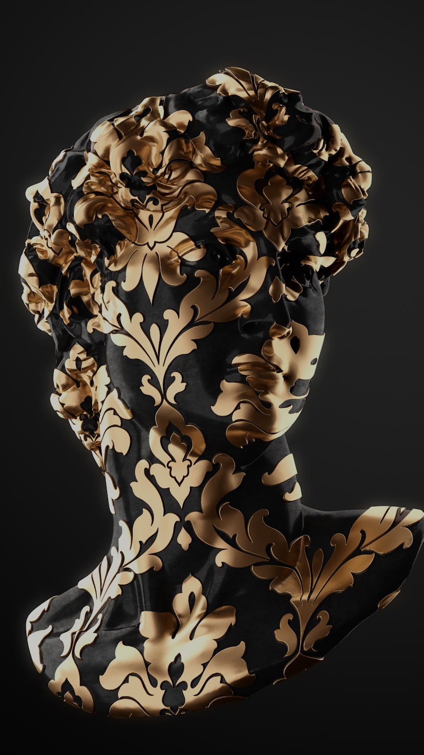 Abstract illustration from 3D rendering of classical head sculpture with golden leaf brocade pattern...