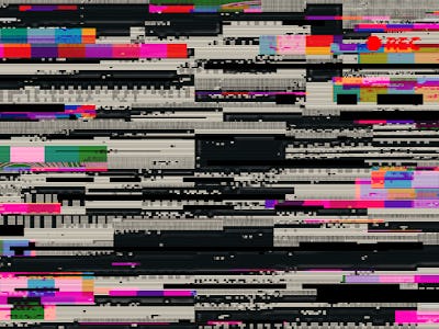 Abstract futuristic background with broken pixels in synthwave cyberpunk style. Glitched computer sc...