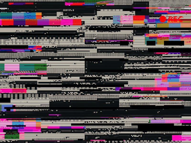 Abstract futuristic background with broken pixels in synthwave cyberpunk style. Glitched computer sc...