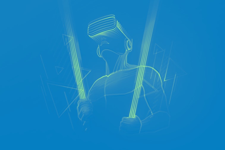 Virtual reality gaming. Man wearing vr headset and using light sword in abstract digital world with ...
