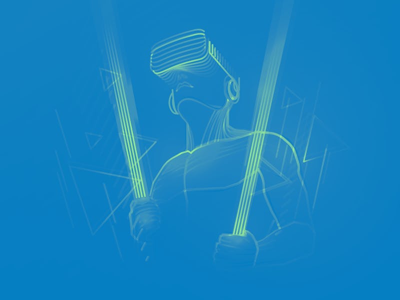 Virtual reality gaming. Man wearing vr headset and using light sword in abstract digital world with ...
