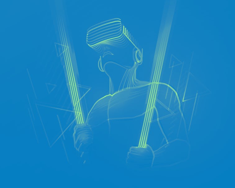 Virtual reality gaming. Man wearing vr headset and using light sword in abstract digital world with ...