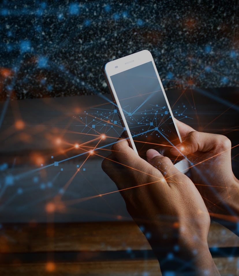 businessman use smartphone online to social network, touchscreen device connecting to global cyber n...