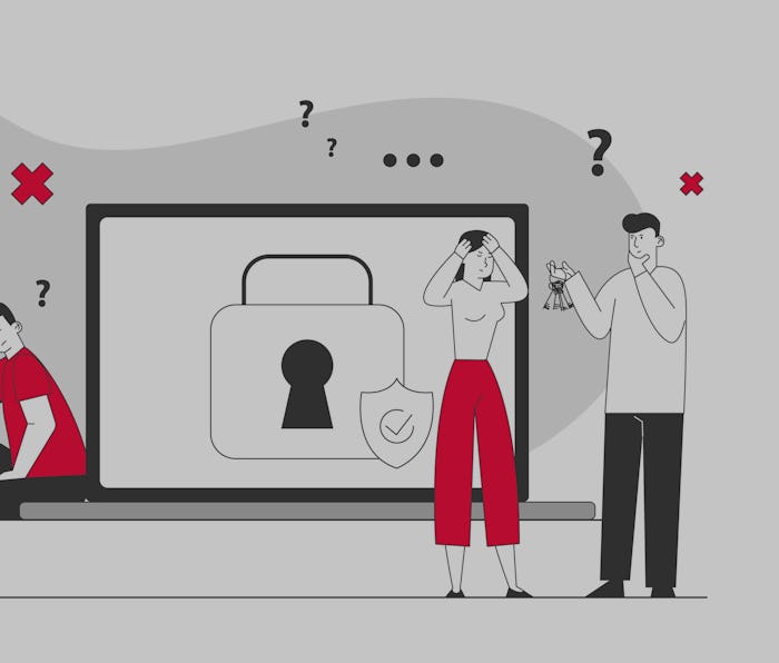 Sad Man Sitting at Huge Laptop with Padlock and Shield on Screen Suffering about Lost Account Passwo...