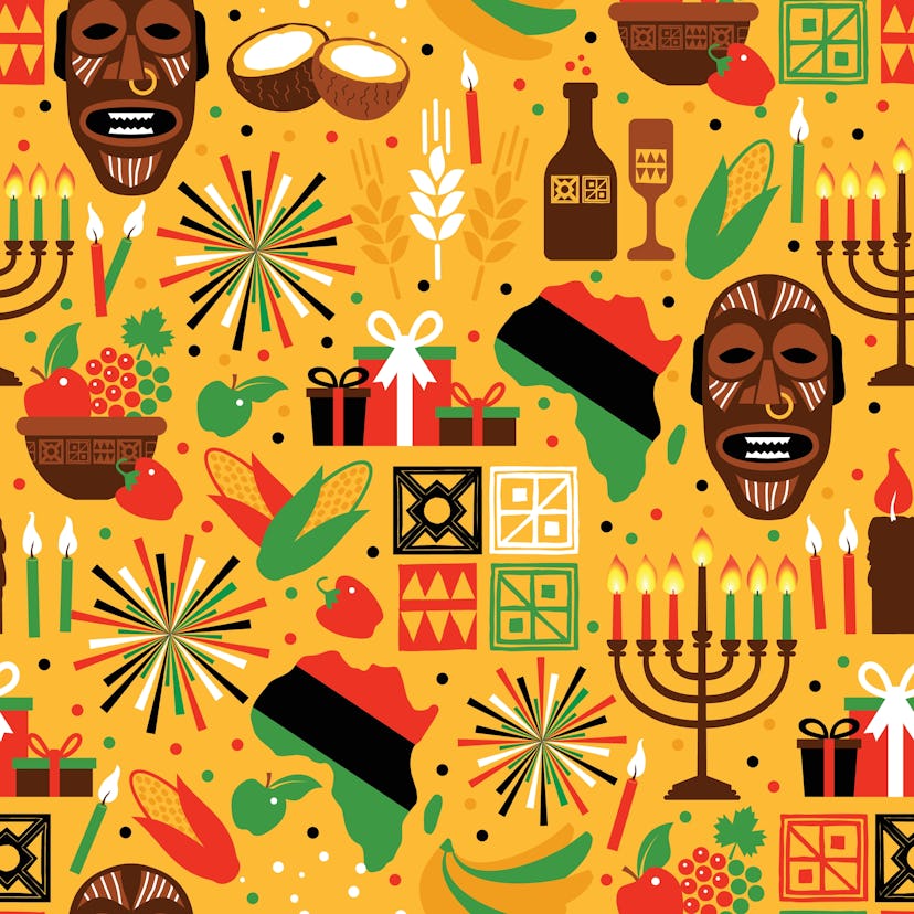 Seamless pattern for Kwanzaa with traditional colored and candles representing the Seven Principles ...