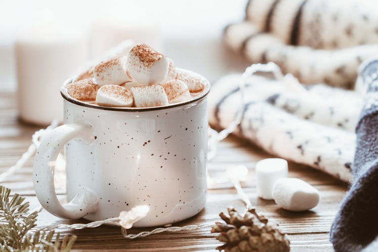 Hot cocoa with marshmallow in a white ceramic mug surrounded by winter things on a wooden table. The...
