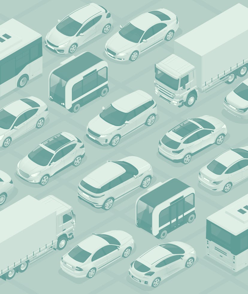 Flat 3d isometric high quality city transport car icon set. Bus, bicycle courier, Sedan, van, cargo ...