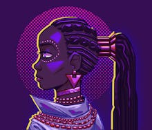 Futuristic portrait of a black woman. Vivid neon lighting, colors. Fashionable jacket, necklace. Cyb...