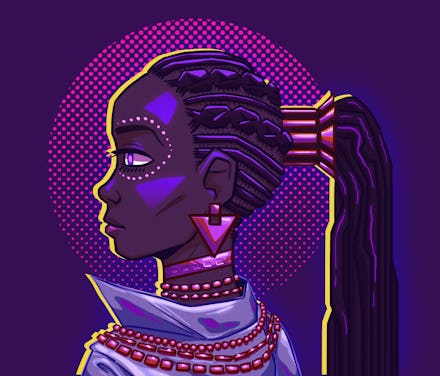 Futuristic portrait of a black woman. Vivid neon lighting, colors. Fashionable jacket, necklace. Cyb...