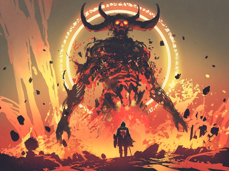 knight with a sword facing the lava demon in hell, digital art style, illustration painting