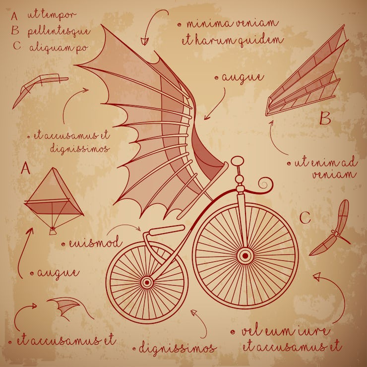 Leonardo da Vinci style sketch. Designs for flying machines. Retro bicycle with da Vinci style wings...