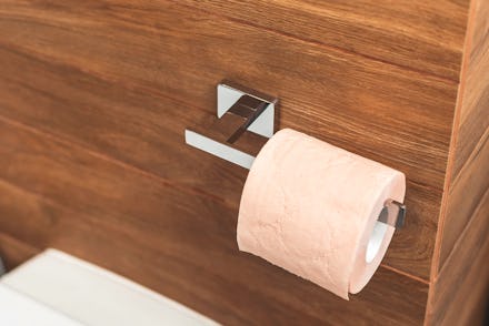 Hygiene concept. Roll of pink toilet paper on metal paper holder n the interior of a beautiful woode...