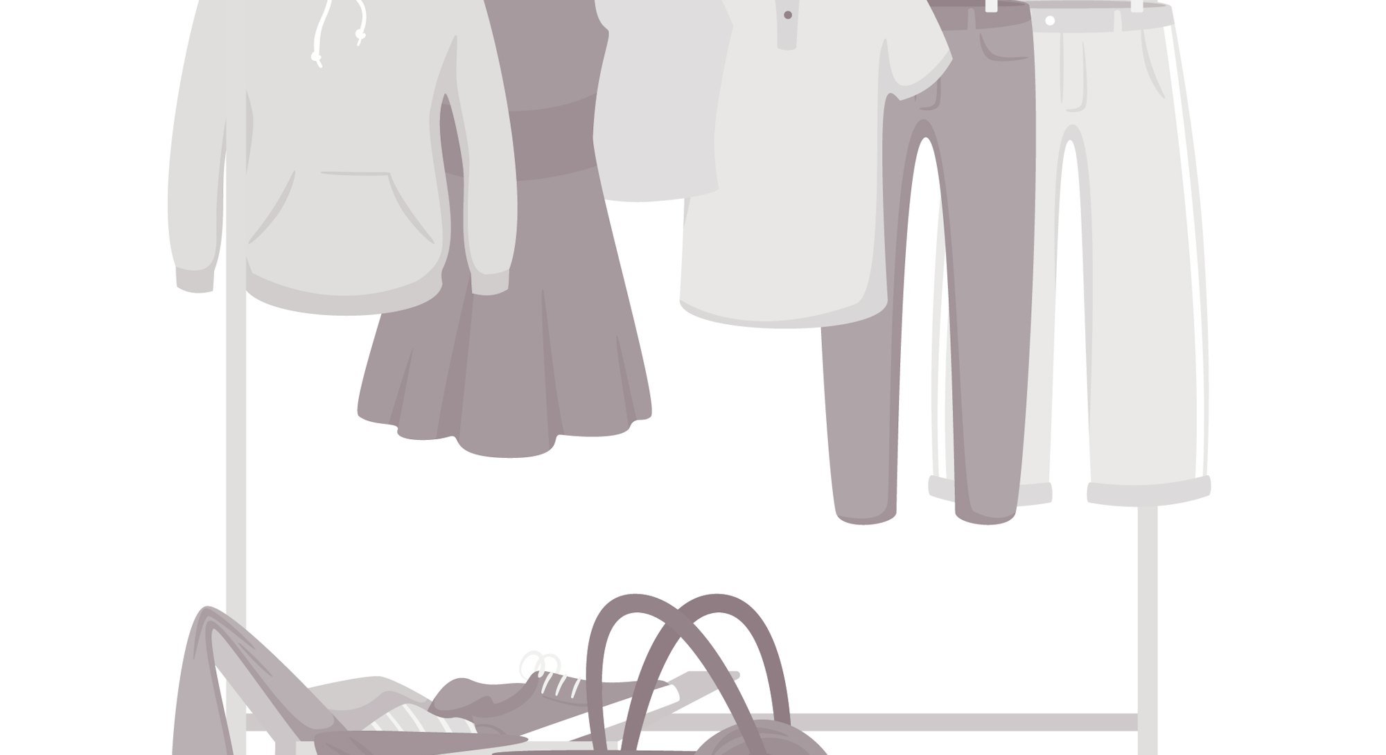 Clothes and accessories hanging on rack vector illustration. Fashion boutique, showroom assortment. ...