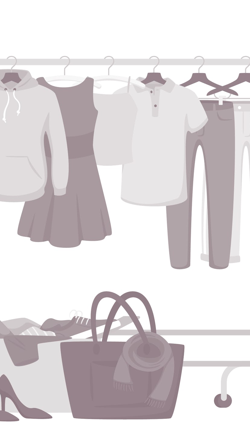 Clothes and accessories hanging on rack vector illustration. Fashion boutique, showroom assortment. ...