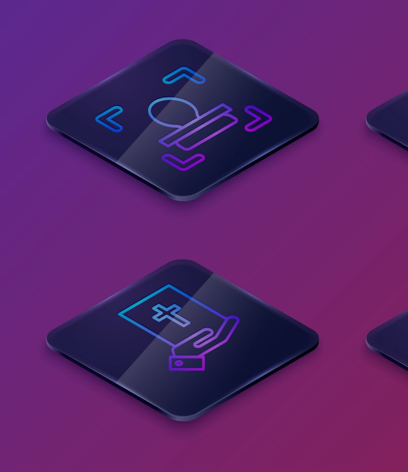 Set Isometric line Face recognition, Oath on the Holy Bible, Envelope and Head with law. Blue square...