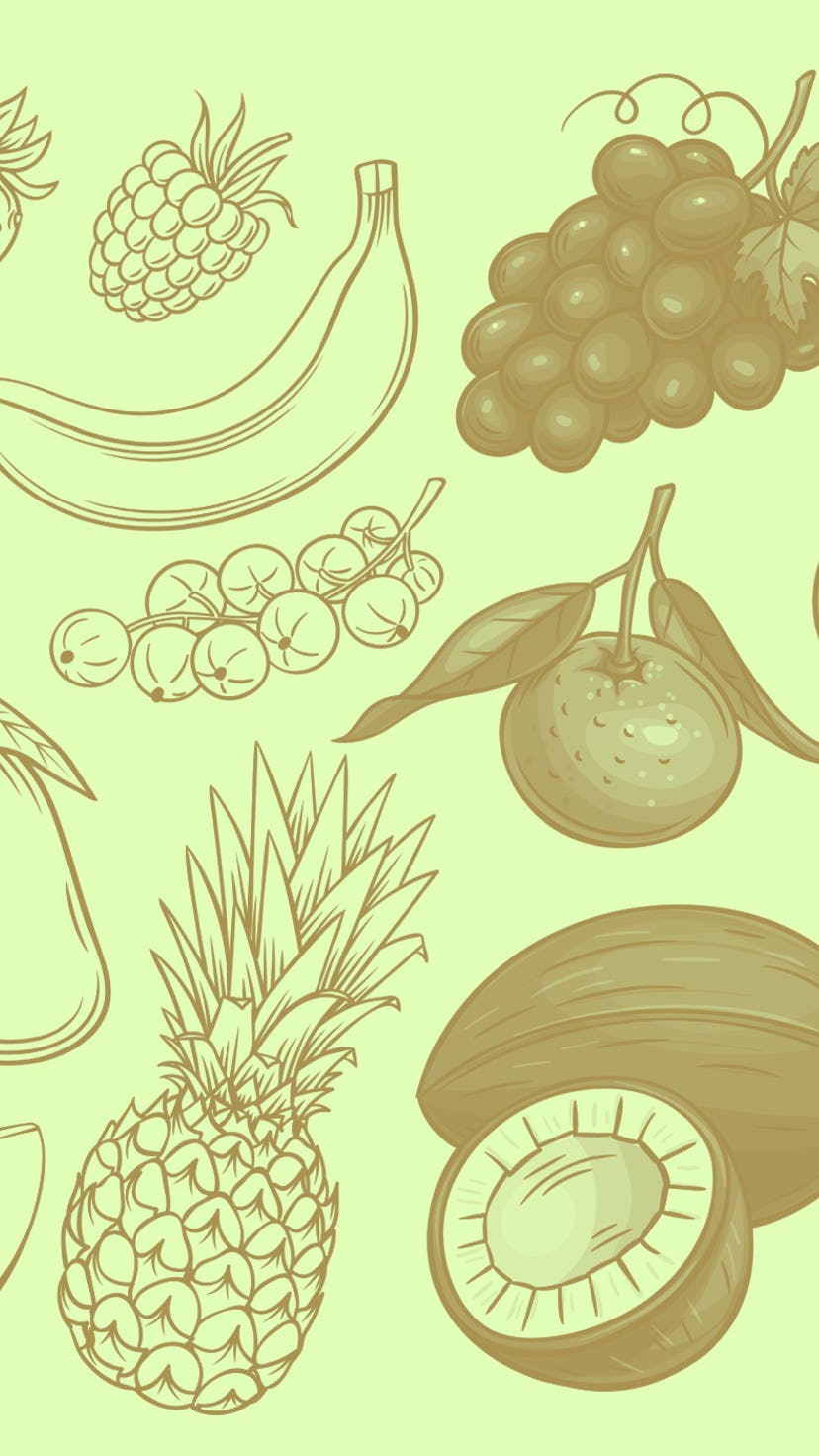 Fruit and berries drawn icons vector set. Illustration of colored and monochrome fruits for design f...