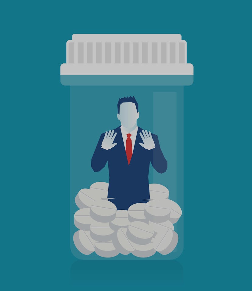 Conceptual Illustration of a Drug Addict Overwhelmed by Illegal Drugs trying to get sober clean Aski...