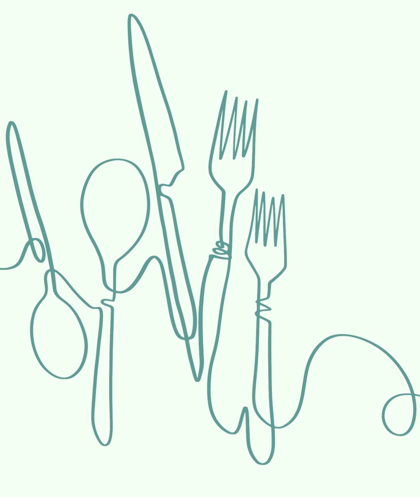 Continuous line art or One Line Drawing of plate, khife and fork. linear style and Hand drawn Vector...