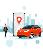 Vector illustration of autonomous online car sharing service controlled via smartphone app. Phone wi...