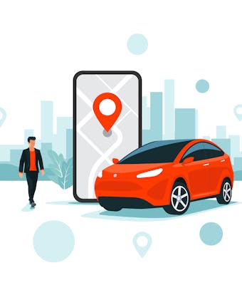 Vector illustration of autonomous online car sharing service controlled via smartphone app. Phone wi...