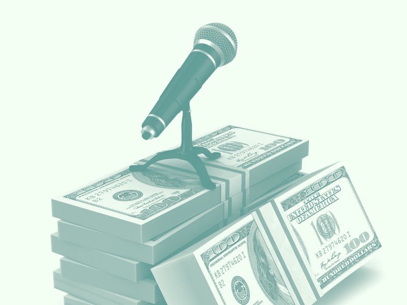 microphone and money on white background. Isolated 3D illustration