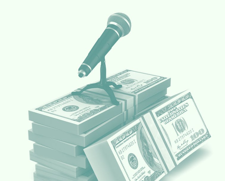 microphone and money on white background. Isolated 3D illustration