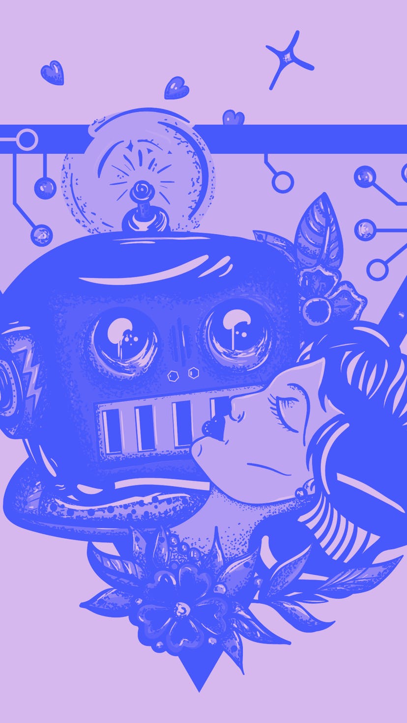 Woman and robot. Old school color tattoo style. Sci-fi movie art. Lovers of future. Retro futuristic...