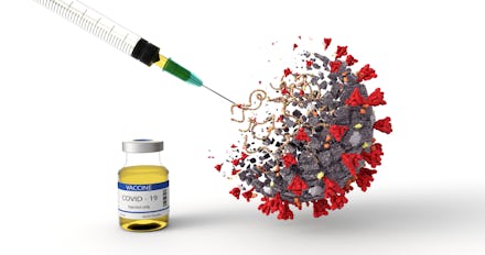 Realistic 3D Illustration of COVID-19 Vaccine. Corona Virus SARS CoV 2, 2019 nCoV virus destruction....