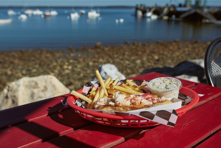 Eating traditional Maine lobster roll with coleslaw and French fries on a waterfront harbor in Maine...