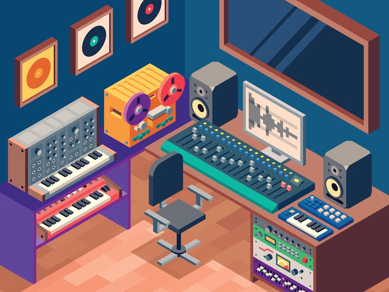 Music Sound Recording Studio Control Room With Professional Equipment. Isometric Vector Color Illust...