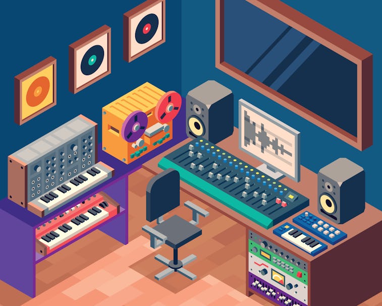 Music Sound Recording Studio Control Room With Professional Equipment. Isometric Vector Color Illust...