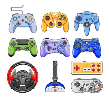 Game controller. Video game console controller vector isolated icon set. Joystick of retro and moder...