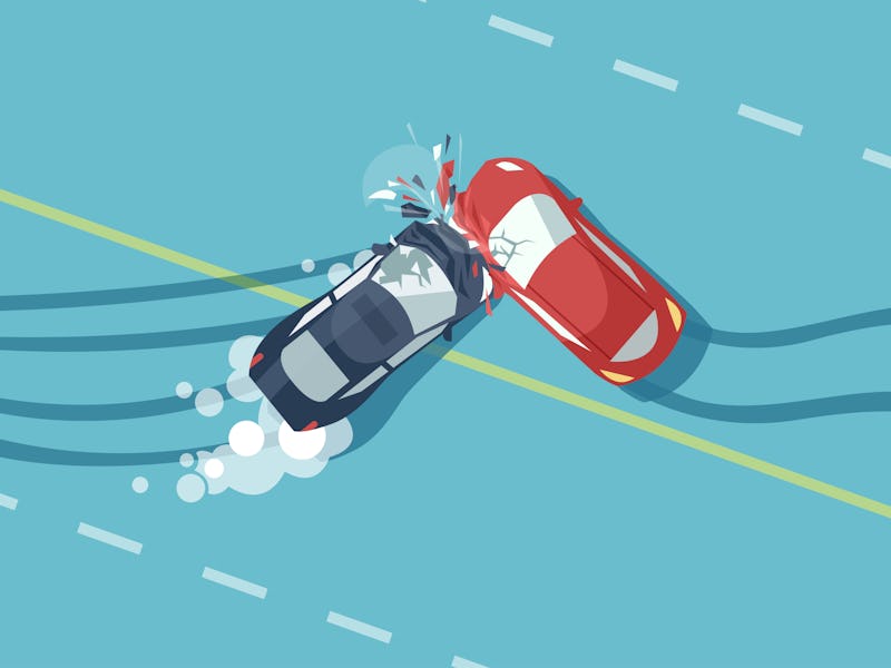 Vector of two car accident top view of vehicle collision on blue background